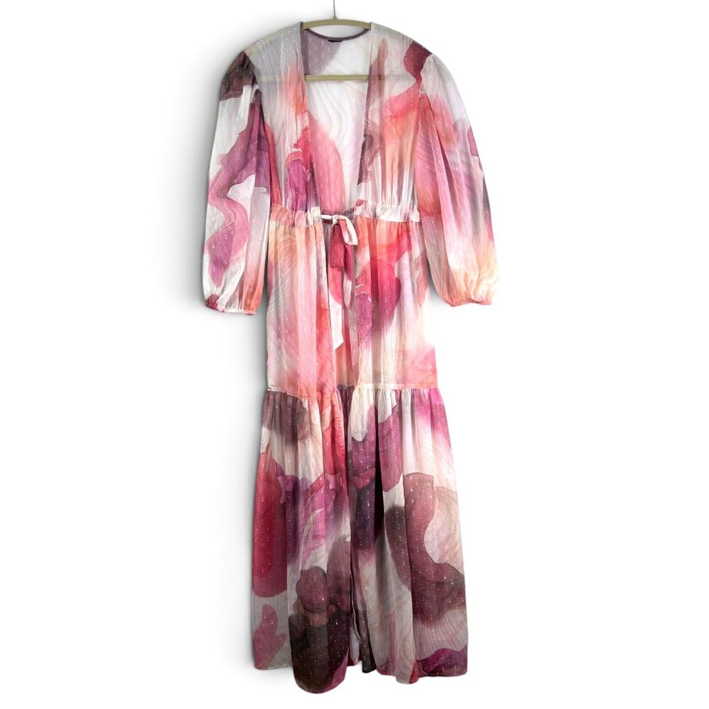 sheer abstract print maxi robe medium swiss dot tiered tie waist balloon sleeve - Picture 1 of 6